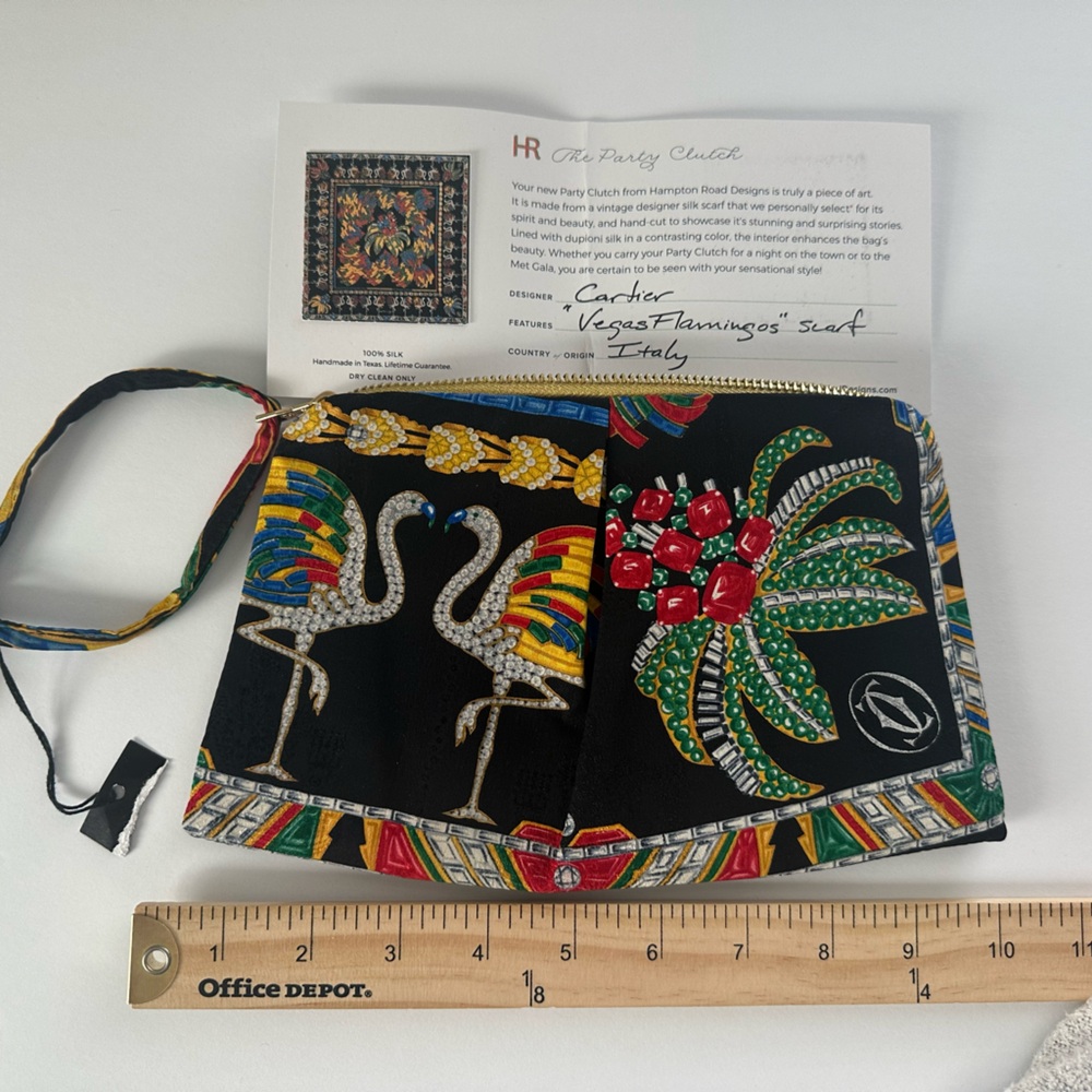 Hampton Road Heirloom Collection Cartier “Vegas Flamingos” Vintage silk clutch.